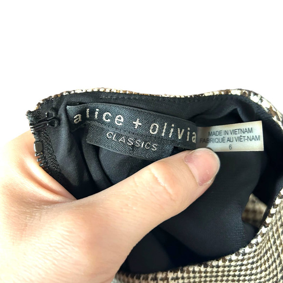 Alice + Olivia Coley Crew Neck Dress Afterglow Plaid Brown Tan Size 6 - Picture 8 of 10